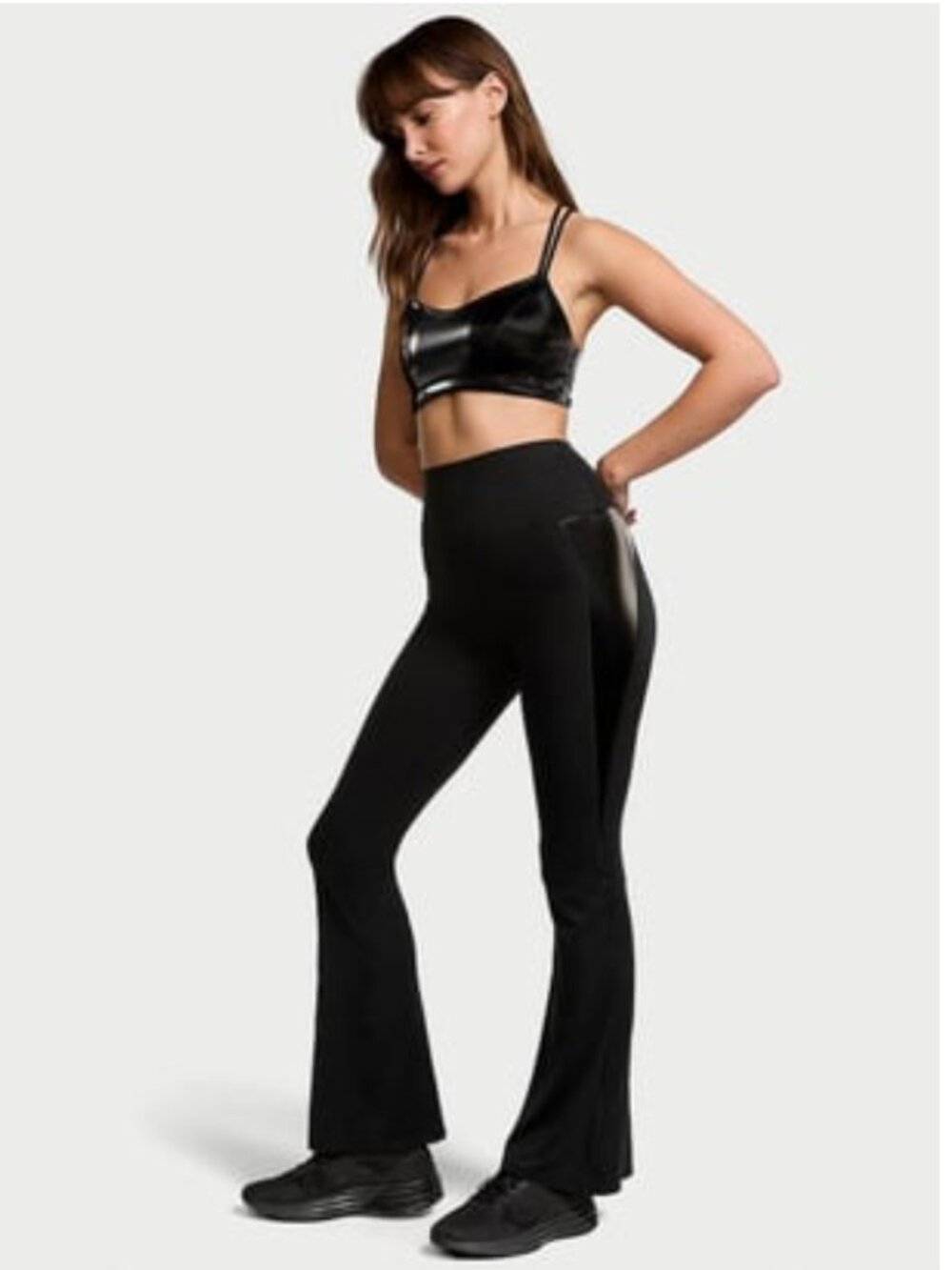 Victoria's Secret Sport Black Flare Leggings 32" Inseam Side Detail Large NWT